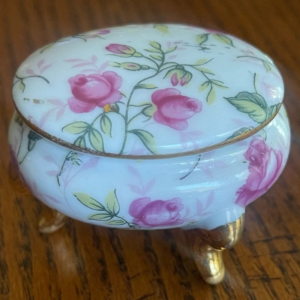 Vintage Lefton Rose Chintz Footed Trinket Box 1239 Jewelry Trinket Box